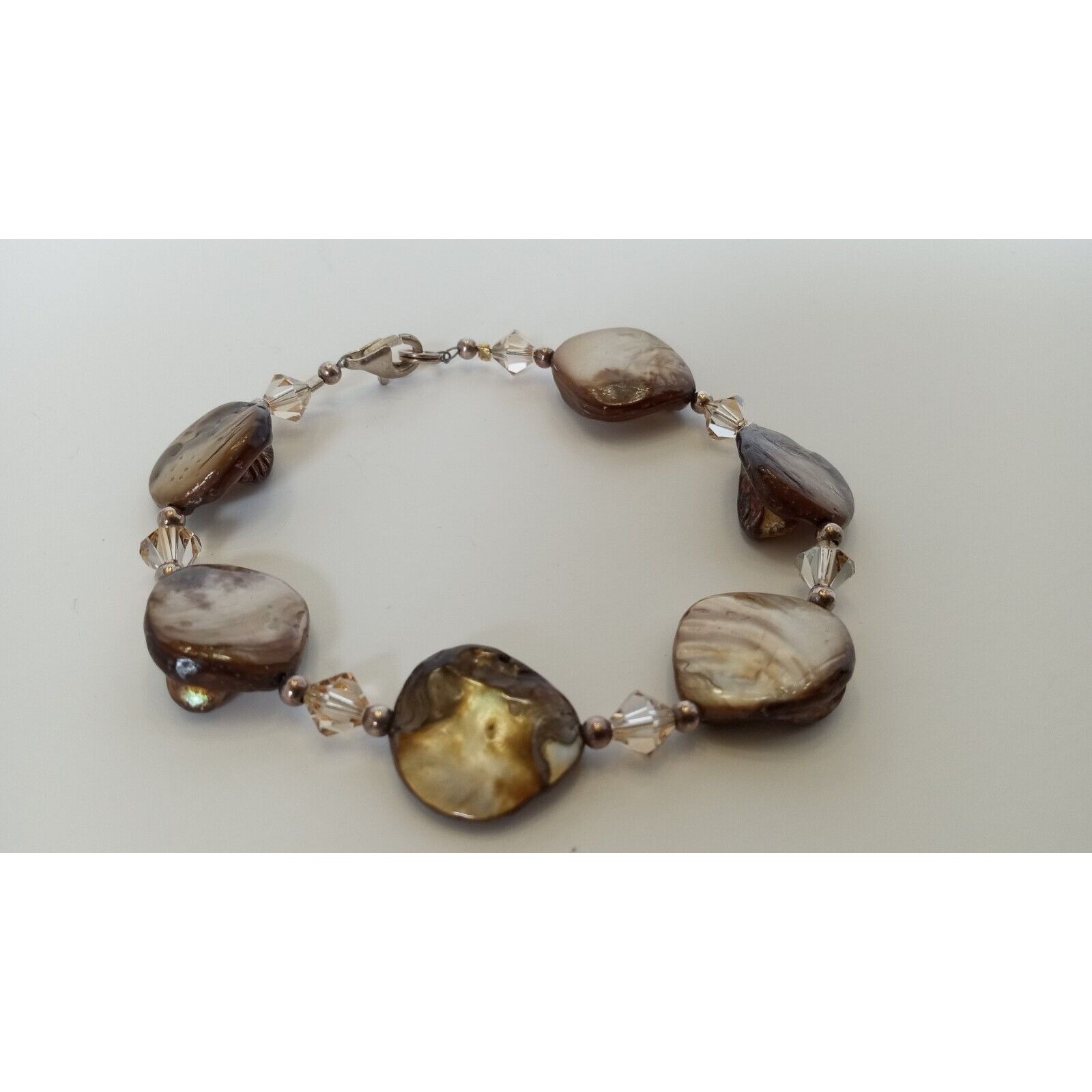 925 Sterling Silver Mop Brown Aurora Borealis Bicone Beaded Bracelet 8 Inch 20$
